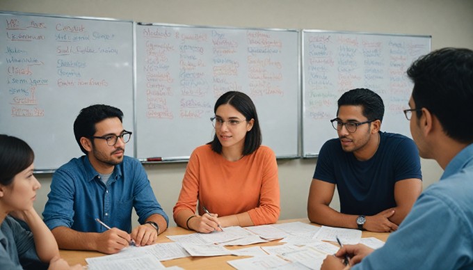 A team of diverse employees brainstorming ideas in an office setting, showcasing teamwork and creativity.