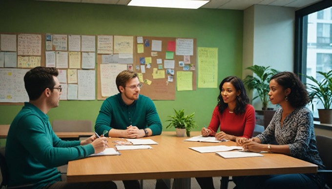 A team of four employees brainstorming ideas in a contemporary meeting room, featuring colorful attire and an engaging atmosphere.