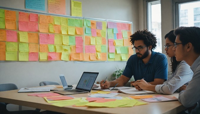 A close-up of a diverse team brainstorming together in a modern office, with colorful charts and laptops on the table.