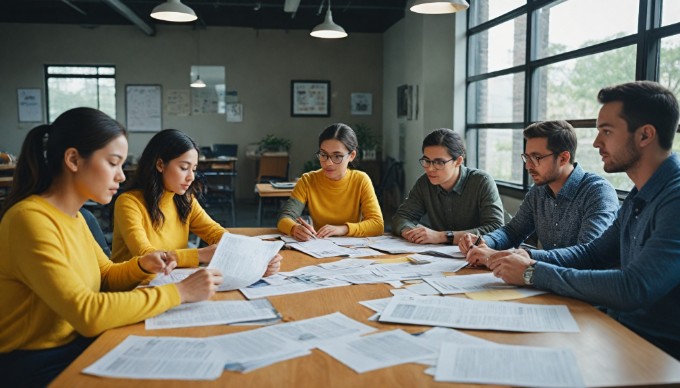 Team of diverse employees brainstorming in a contemporary workspace with colorful attire and a collaborative atmosphere.