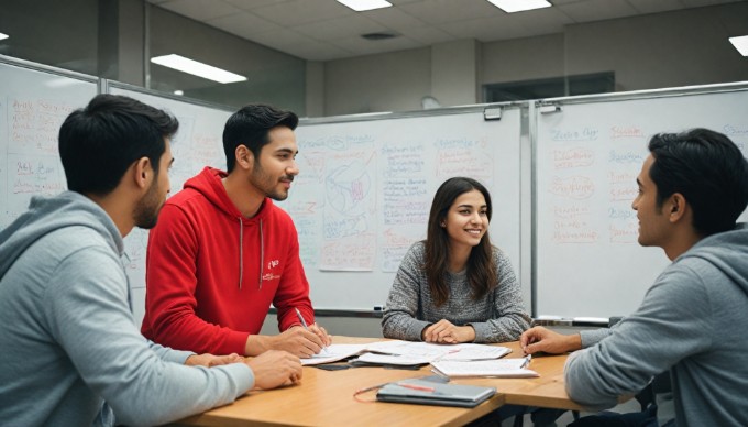 A cheerful group of coworkers brainstorming in a contemporary office with colorful decor and casual attire.