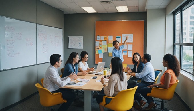 Team of professionals brainstorming ideas in a contemporary office setting with vibrant attire.