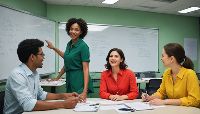 A team of diverse employees brainstorming ideas on a whiteboard in a bright, modern office environment.