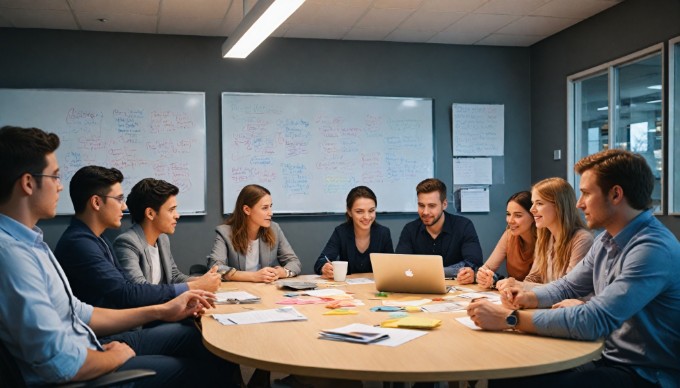 A team of businesspeople brainstorming ideas in a stylish office, showcasing diversity and vibrant outfits.