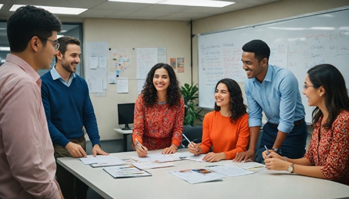 Team brainstorming session in a colorful, modern office environment.