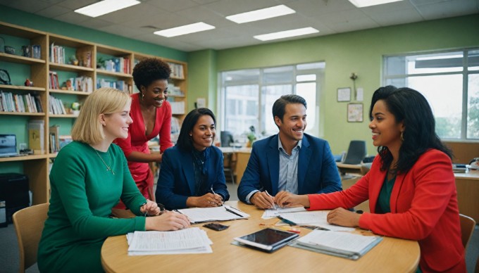 A cheerful group of coworkers brainstorming in a stylish office with colorful decor and modern furniture, showcasing creativity and teamwork.