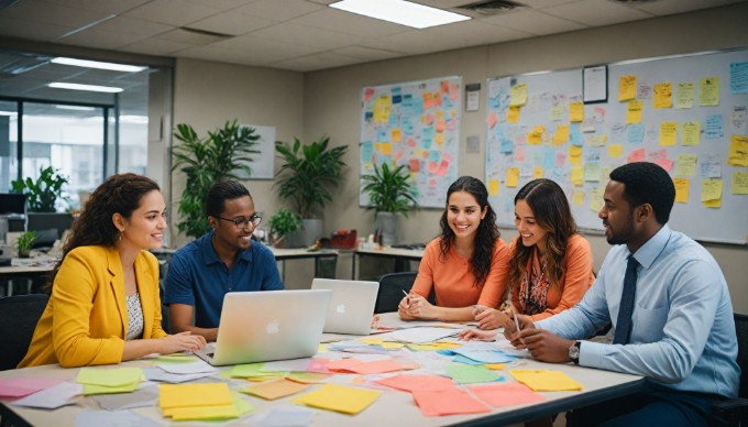 Team of diverse employees brainstorming in a bright and colorful office environment, showcasing teamwork and creativity.