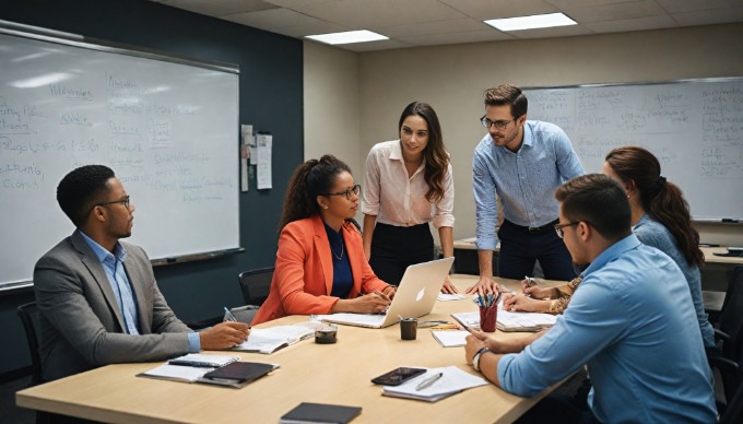 A team of business professionals brainstorming in a stylish office environment, showcasing diversity and casual fashion.