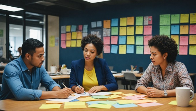 A team of office workers brainstorming around a table with colorful notes and laptops, showcasing teamwork and diversity.