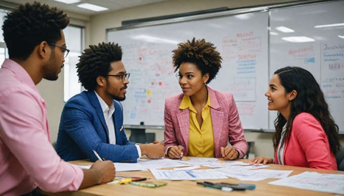 A close-up of a diverse team brainstorming ideas on a whiteboard in a corporate office, showcasing vibrant clothing and teamwork.