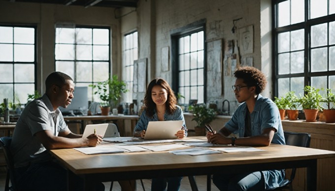 A diverse team of UI designers brainstorming around a table with laptops, sketches, and coffee cups in a bright, open workspace.