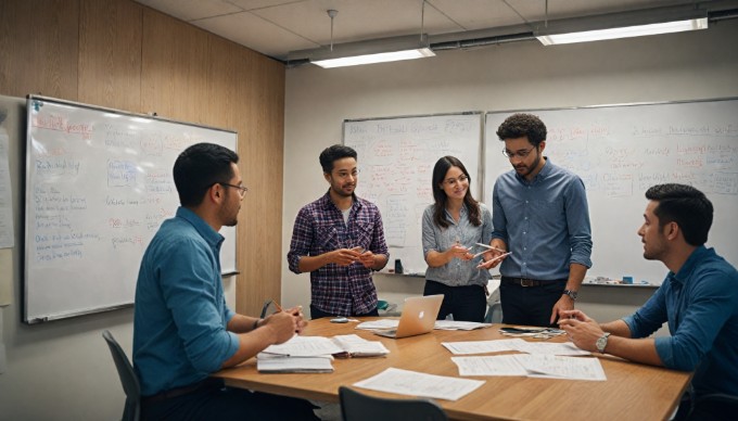 A team of coworkers brainstorming ideas in a vibrant office, featuring a mix of casual and colorful attire, reflecting a collaborative atmosphere.