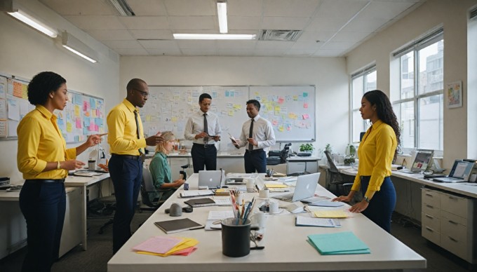 A team of office workers brainstorming ideas on a whiteboard in a contemporary workspace, showcasing diversity and creativity.