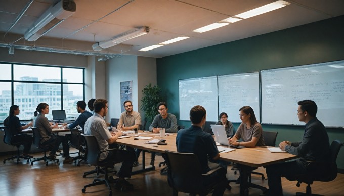 A team collaborating on API design with a large screen displaying API documentation.