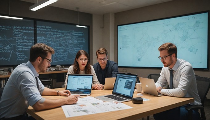 A team collaborating on a Flutter app project in a bright, open workspace.