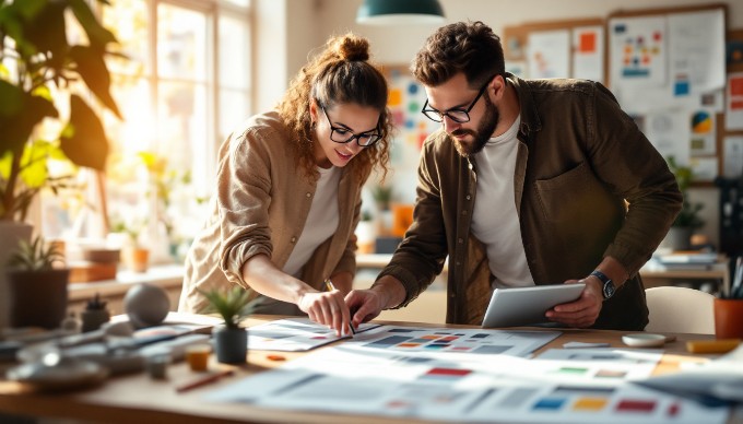 A team of designers collaborating on a project in a creative workspace.