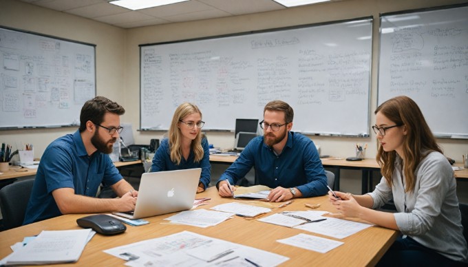 A team of developers collaborating on a GraphQL project in a bright office space.