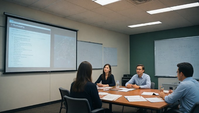 A team collaborating on SQLite implementation in a meeting room with a projector.