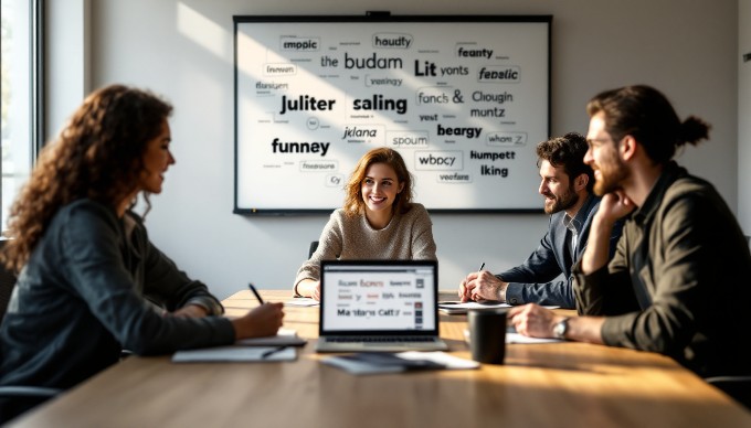 A team collaborating on typography design at a conference table.