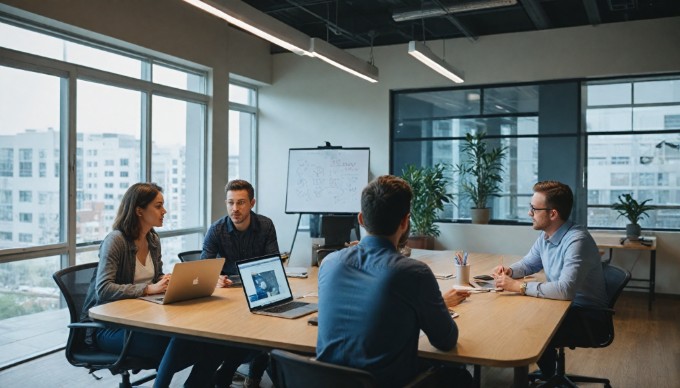 A team collaborating on a project, discussing the latest features of Umbraco CMS in a conference room.