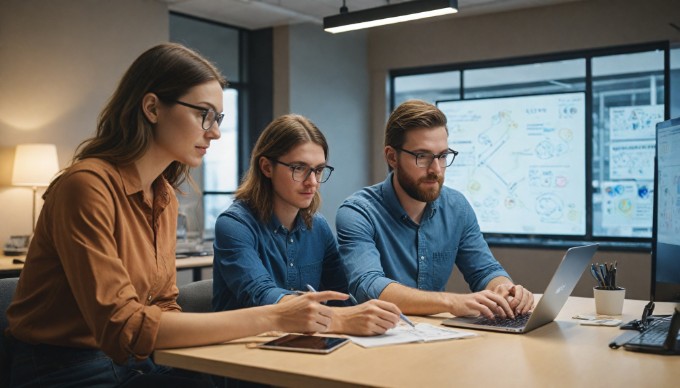 A team of developers collaborating on an Umbraco project in a bright office space.