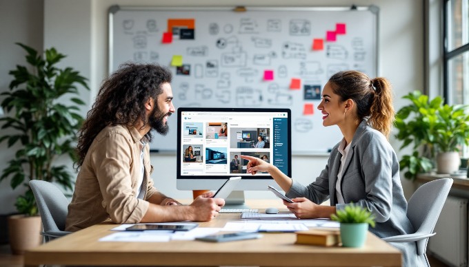 A team collaborating on WordPress template customization in a bright office setting.