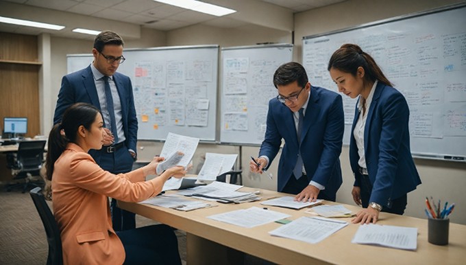 A diverse team of professionals collaborating around a table, reviewing project plans with laptops and documents in a bright office space.