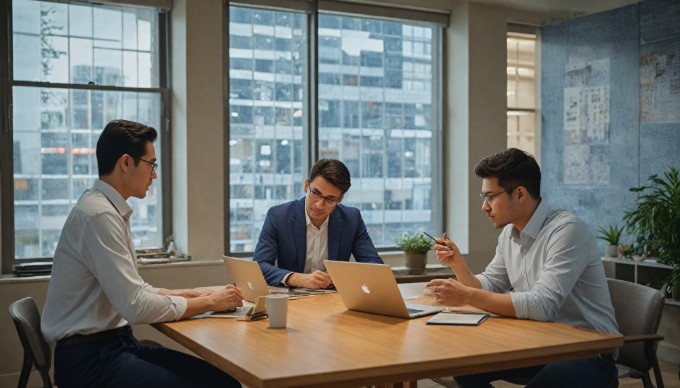 A team collaborating in a modern office, discussing API integration on a laptop with charts on the screen.