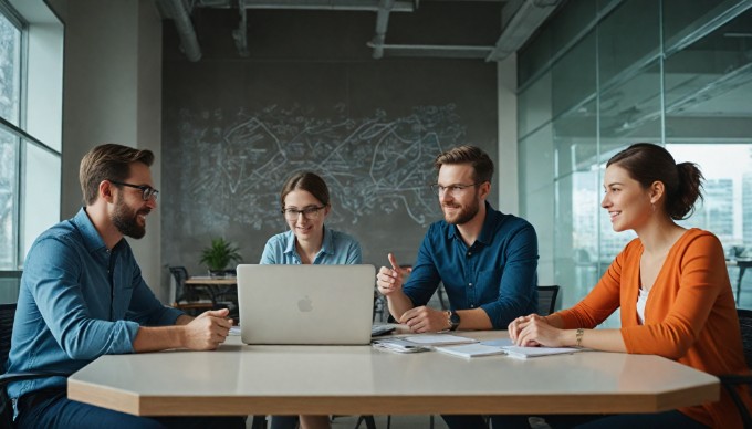 A team of developers collaborating on asynchronous programming techniques in a modern workspace.