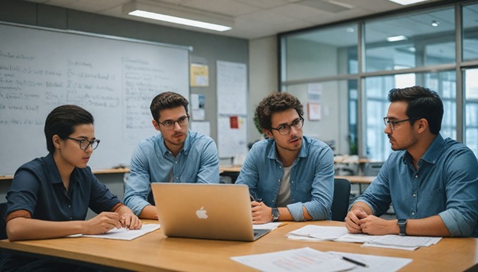 A team of professionals collaborating on a custom software project in a modern office setting.