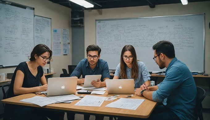 A team collaborating on a headless eCommerce project in a creative workspace with digital devices.