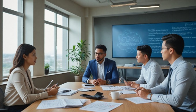 A diverse team collaborating on hybrid cloud strategy at a conference table.