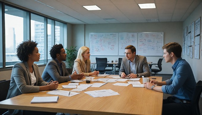 A group of diverse team members collaborating around a conference table with laptops and documents in an office setting.