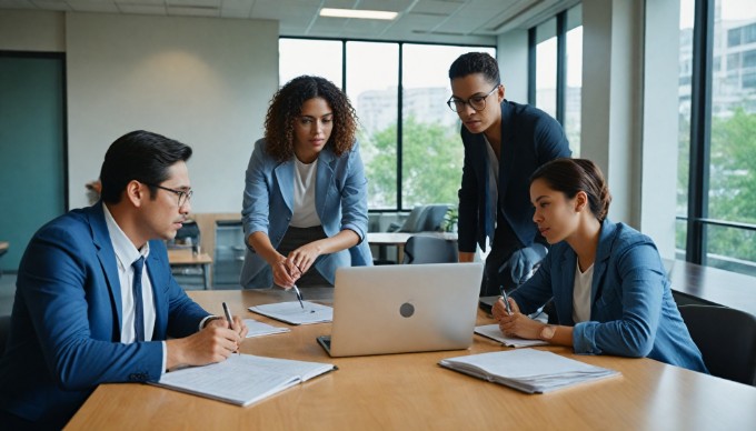 A diverse team collaborating over a project at a modern office workspace.