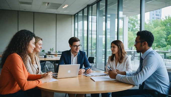 A team of diverse professionals collaborating in an office setting, analyzing data on a computer screen with focused expressions.