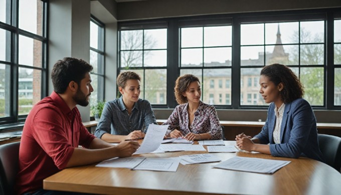 A team of diverse employees working together in a stylish office space, surrounded by natural light and greenery.