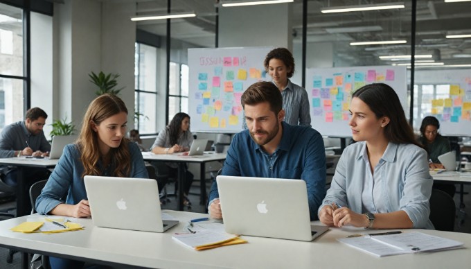 A diverse team collaborating in a modern office setting, discussing project risks over a laptop.