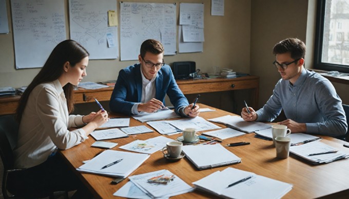 A team of professionals collaborating on a project in a modern office setting.