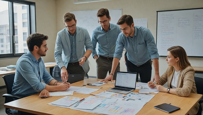 A team collaborating on Progressive Web App development in a bright meeting room.