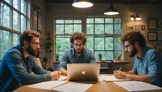 A group of developers collaborating on a React project in a modern workspace.