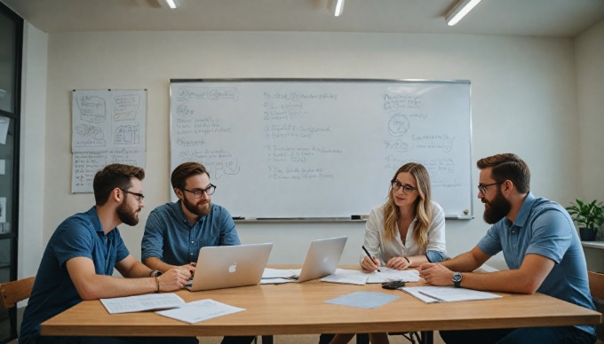 A team collaborating on a Shopify theme design, discussing ideas at a conference table with laptops and design sketches.