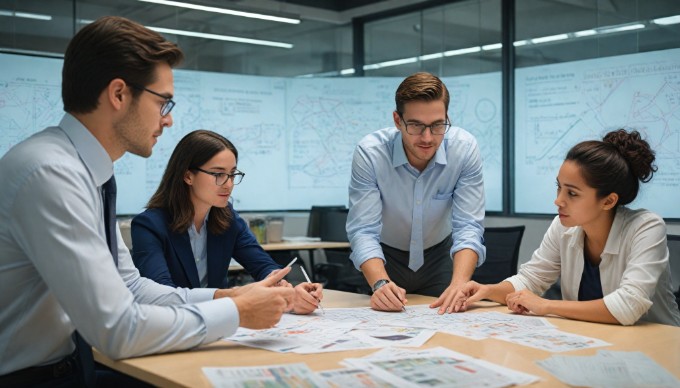 Team collaboration in a tech workspace discussing database solutions.