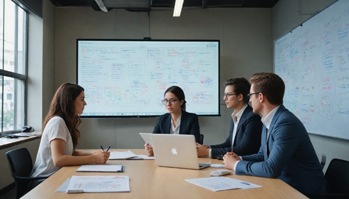 A diverse team of professionals collaborating on a web development project in a modern office setting.