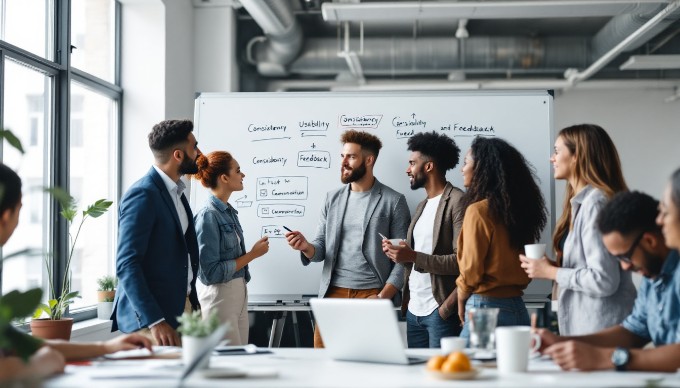 A diverse team collaborating on a UX design project with usability concepts on a whiteboard.