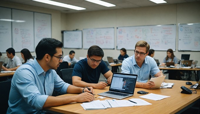 Team collaboration on web components project at a conference table, with laptops and notes visible.