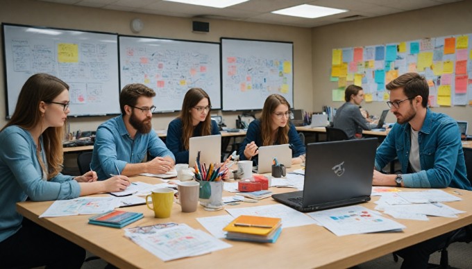 A team collaborating on a web development project in an office setting.