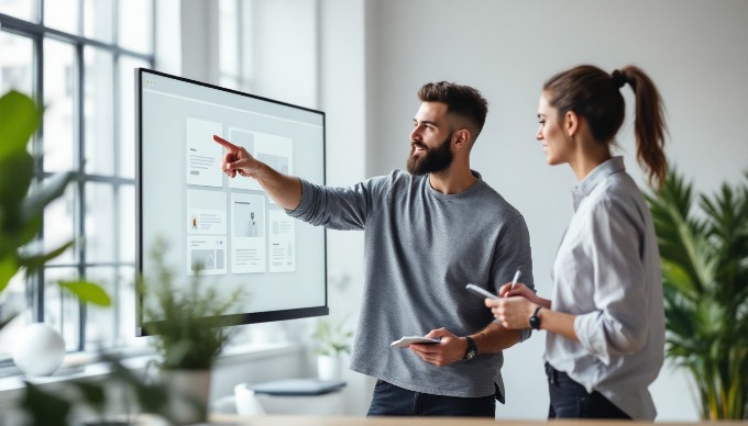 Team collaboration on website design mockups in a bright office environment.