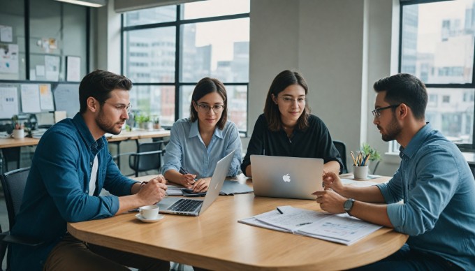 A team collaborating on WordPress site management in a modern office setting.