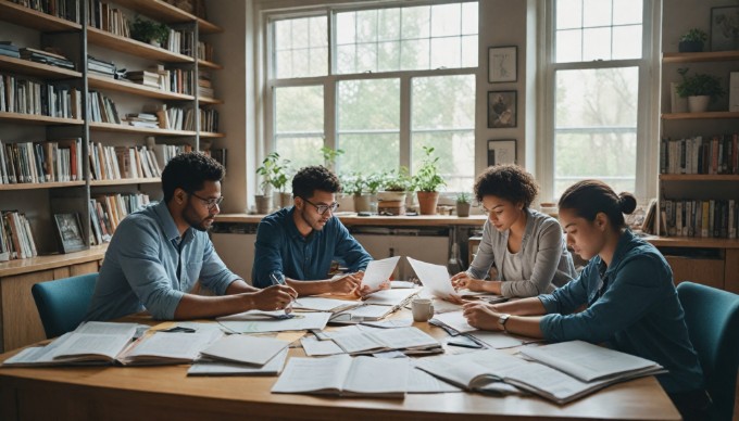 A diverse group of professionals collaborating on a writing project at an office desk.