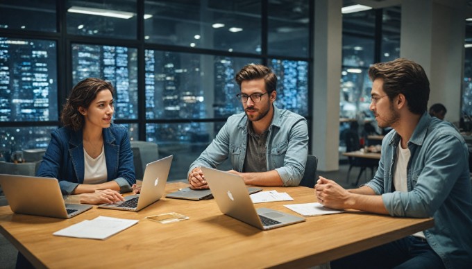 A team of developers discussing Android API integration in a collaborative workspace.